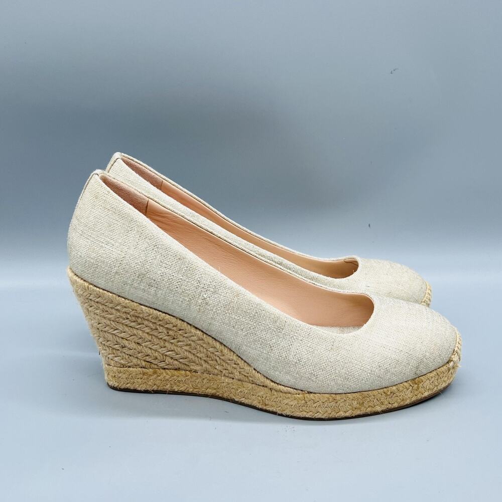 J Crew Shoes Womens 8 Beige Linen Espadrille Wedge Heels Round Toe Pumps Slip On